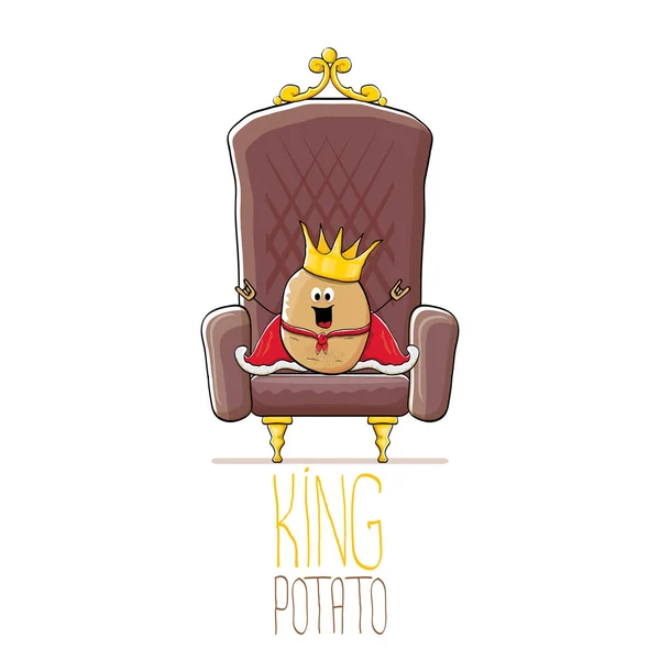 Vektor lustige Karikatur cool niedlich braun lächelnde Königskartoffel mit goldener Königskrone und rotem Mantel oder Umhang sitzt auf braunem Thron isoliert auf weißem Hintergrund. — Stockvektor