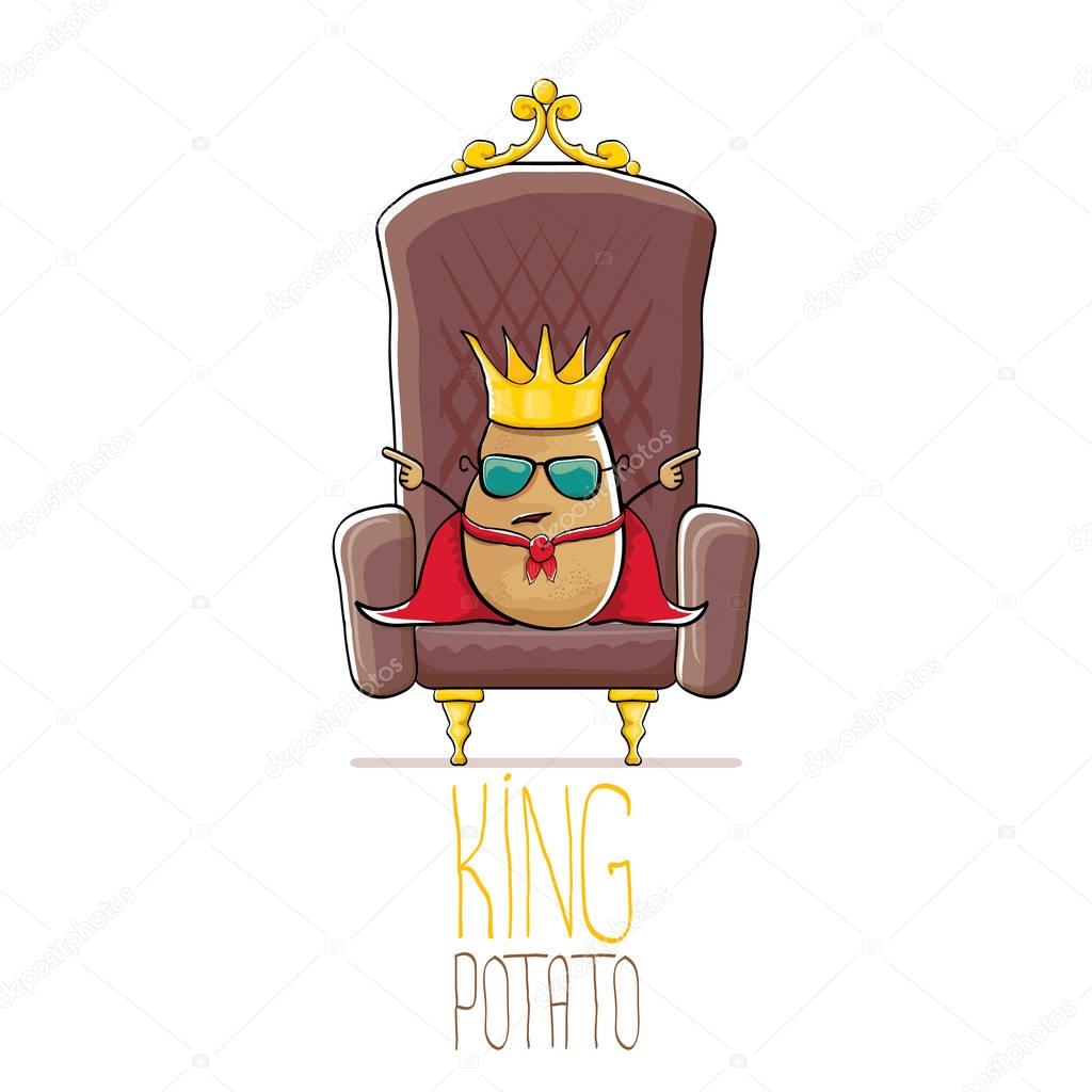 Vector funny cartoon cool cute brown smiling king potato with golden royal crown and red mantle or cape sitting on brown throne isolated on white background. vegetable funky food drawn character