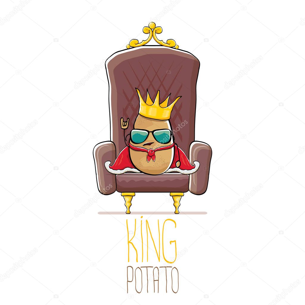 Vector funny cartoon cool cute brown smiling king potato with golden royal crown and red mantle or cape sitting on brown throne isolated on white background. vegetable funky food drawn character