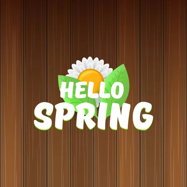 Вектор Привет весенний баннер с текстом и цветами. Hello spring slogan or label isolated on wood background — стоковый вектор