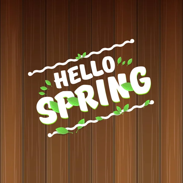 Vektor Hallo Frühling Banner mit Text und Blumen. Hallo Frühling Slogan oder Etikett isoliert auf Holz Hintergrund — Stockvektor