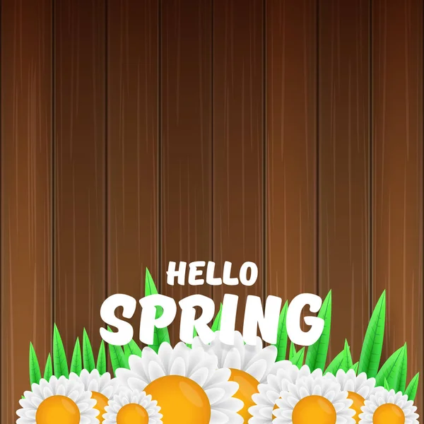 Vektör Merhaba bahar afiş metin ve çiçekler. Merhaba bahar slogan veya etiket üzerinde ahşap arka plan izole — Stok Vektör