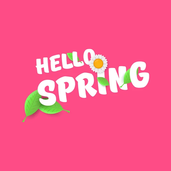 Vector hola banner de papel de corte de primavera con texto y flores. hola lema de primavera o etiqueta aislado en rosa — Vector de stock