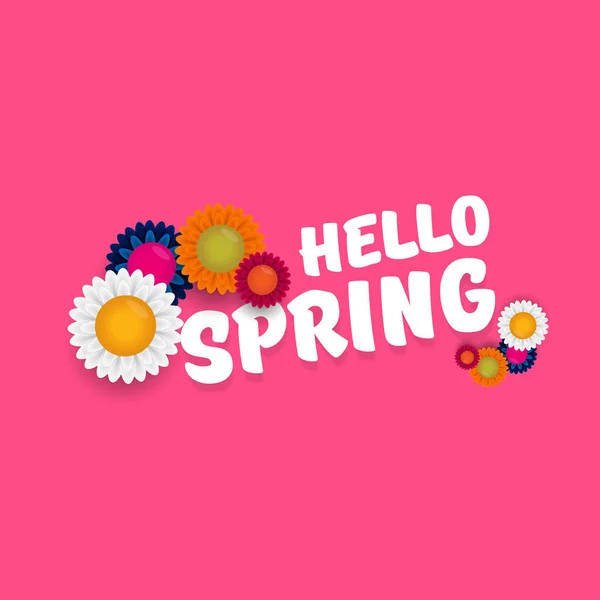 Vecteur bonjour printemps coupe bannière en papier avec texte et fleurs. bonjour printemps slogan ou étiquette isolé sur rose — Image vectorielle