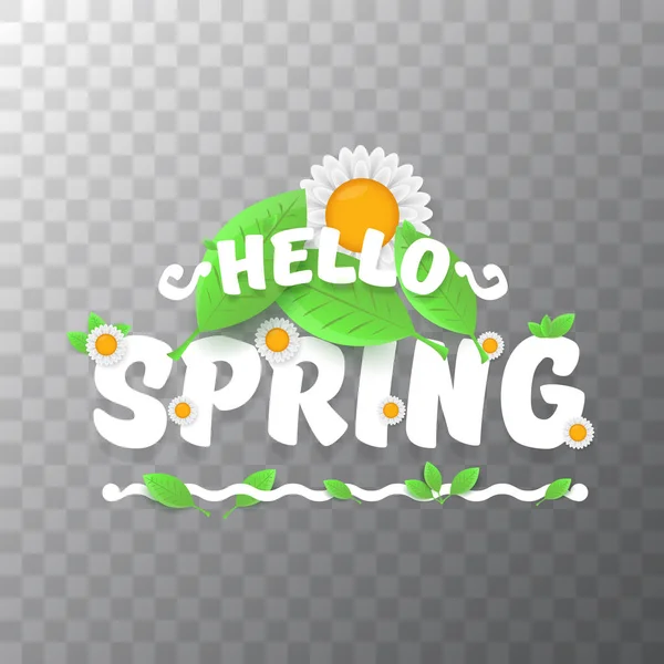 Vetor Olá primavera corte banner de papel com texto e flores. Olá slogan primavera ou rótulo isolado em fundo transparente — Vetor de Stock
