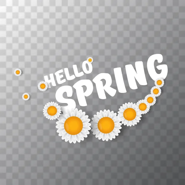 Vector hola banner de papel de corte de primavera con texto y flores. hola lema de primavera o etiqueta aislada sobre fondo transparente — Vector de stock