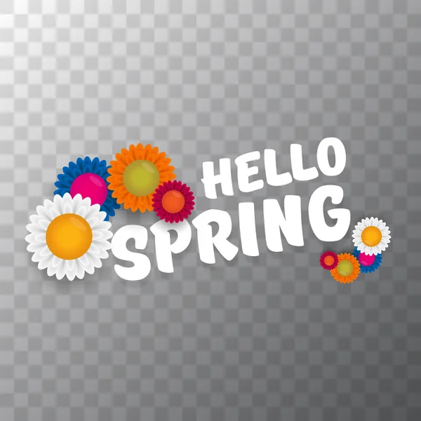 Вектор Привет весна вырезать бумажный баннер с текстом и цветами. Hello spring slogan or label isolated on transparent background — стоковый вектор
