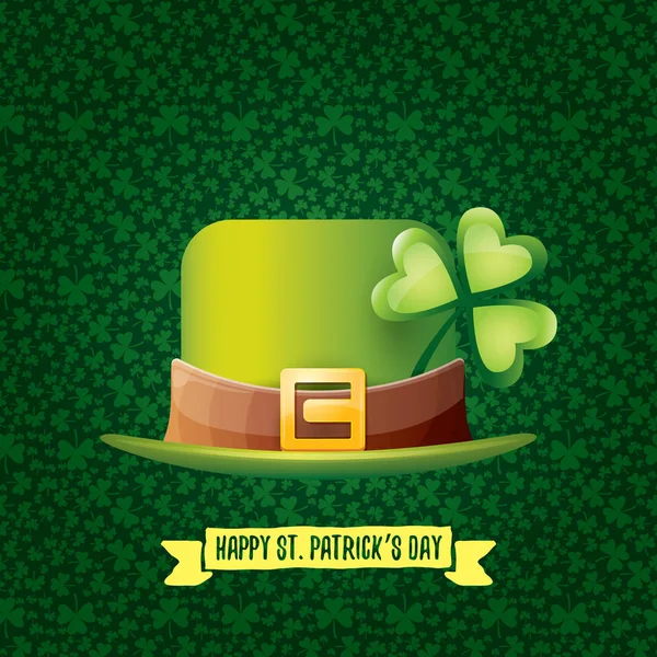 聖パトリックの日ラベル光沢のある帽子と緑の背景に分離されたテキストとリボンをベクトルします。聖パトリックの日ポスターまたは横断幕デザイン — ストックベクタ