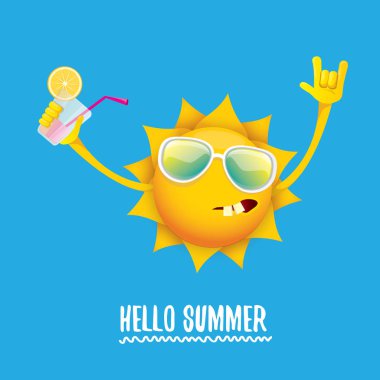 Merhaba yaz rock n roll vektör etiket veya logosu. funky gülümseyen güneş karakteri ile yaz kokteyl parti afiş arka plan