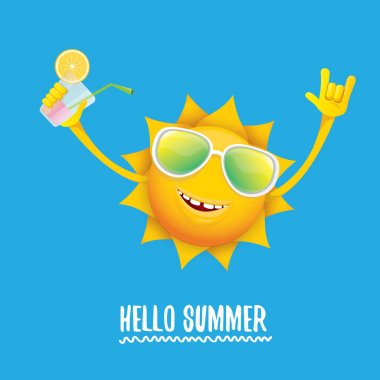 Merhaba yaz rock n roll vektör etiket veya logosu. funky gülümseyen güneş karakteri ile yaz kokteyl parti afiş arka plan
