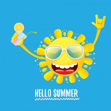 Merhaba yaz rock n roll vektör etiket veya logosu. funky gülümseyen güneş karakteri ile yaz kokteyl parti afiş arka plan