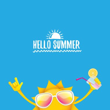 Merhaba yaz rock n roll vektör etiket veya logosu. funky gülümseyen güneş karakteri ile yaz kokteyl parti afiş arka plan