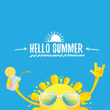 Merhaba yaz rock n roll vektör etiket veya logosu. funky gülümseyen güneş karakteri ile yaz kokteyl parti afiş arka plan