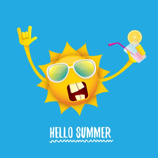 Hola verano rock n roll vector etiqueta o logo. verano cóctel partido cartel fondo con funky sonriente sol carácter — Vector de stock