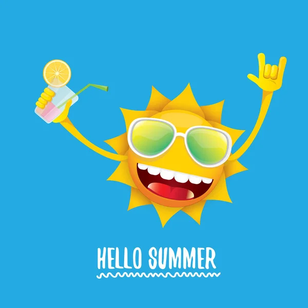 Hola verano rock n roll vector etiqueta o logo. verano cóctel partido cartel fondo con funky sonriente sol carácter — Archivo Imágenes Vectoriales