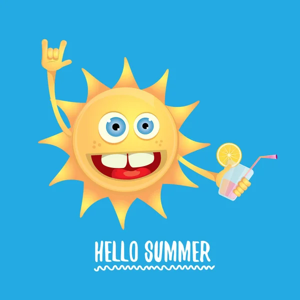 Hallo zomer rock n roll vector etiket of logo. zomer cocktail party poster achtergrond met funky lachende zon teken — Stockvector