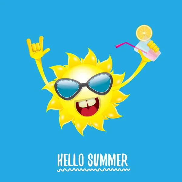 Hola verano rock n roll vector etiqueta o logo. verano cóctel partido cartel fondo con funky sonriente sol carácter — Vector de stock