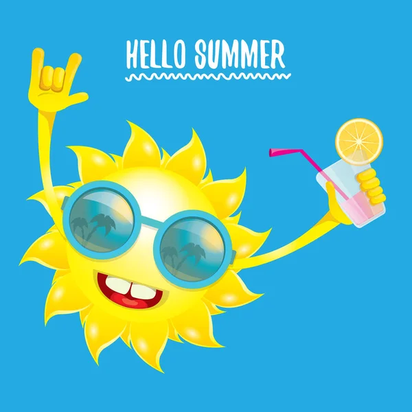 Γειά σου καλοκαίρι rock n ' roll διάνυσμα σήμα ή λογότυπο. καλοκαίρι φόντο αφίσα κοκτέιλ πάρτι με funky χαμογελώντας ήλιο χαρακτήρα — Διανυσματικό Αρχείο