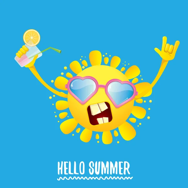 Hallo zomer rock n roll vector etiket of logo. zomer cocktail party poster achtergrond met funky lachende zon teken — Stockvector