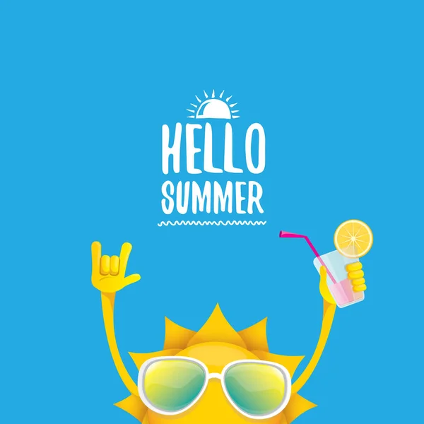 Hallo Sommer Rock n Roll Vektor Etikett oder Logo. Sommer Cocktail Party Poster Hintergrund mit funky lächelnde Sonne Charakter — Stockvektor