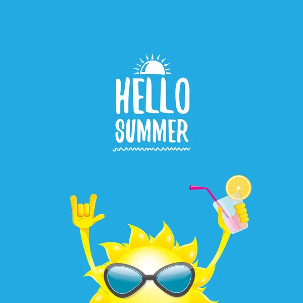 Hallo zomer rock n roll vector etiket of logo. zomer cocktail party poster achtergrond met funky lachende zon teken — Stockvector