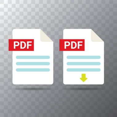 Saydam arka plan üzerinde izole düz Pdf dosyası simgesini ve vektör pdf download Icon set vektör. Web sitesi için vektör belge veya sunu simge tasarım şablonu