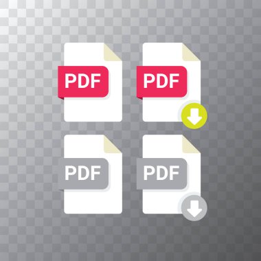 Saydam arka plan üzerinde izole düz Pdf dosyası simgesini ve vektör pdf download Icon set vektör. Web sitesi için vektör belge veya sunu simge tasarım şablonu