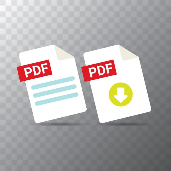 Vector plano icono de archivo PDF y vector pdf icono de descarga conjunto aislado sobre fondo transparente. Plantilla de diseño de documento vectorial o icono de presentación para sitio web — Archivo Imágenes Vectoriales