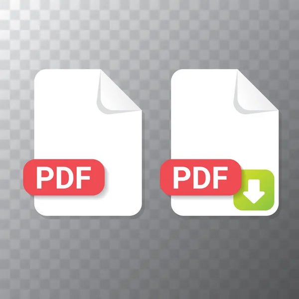 Иконка векторного плоского PDF файла и набор иконок для скачивания в формате pdf изолированы на прозрачном фоне. Векторный документ или шаблон оформления значка презентации для веб-сайта — стоковый вектор