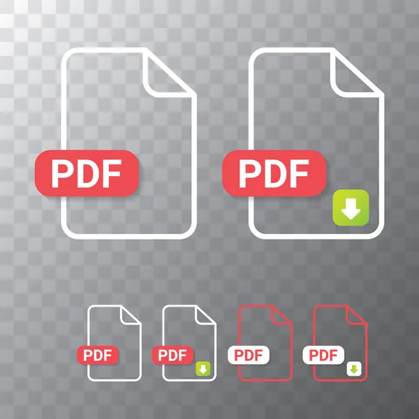 Vector flat PDF file icon and vector pdf download icon set isolated on transparent background. Vector document or presentation icon design template for web site — Stock Vector