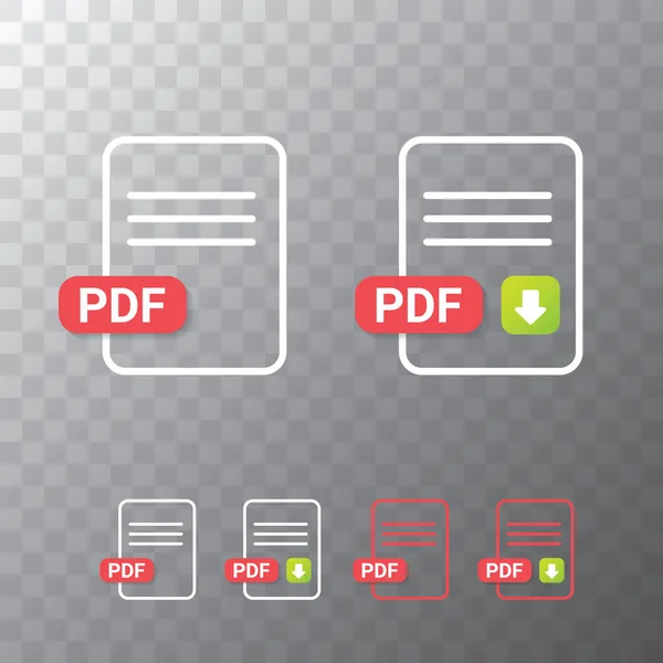 Vector plano icono de archivo PDF y vector pdf icono de descarga conjunto aislado sobre fondo transparente. Plantilla de diseño de documento vectorial o icono de presentación para sitio web — Vector de stock