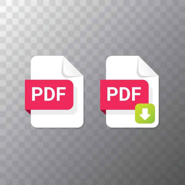 Vector plano icono de archivo PDF y vector pdf icono de descarga conjunto aislado sobre fondo transparente. Plantilla de diseño de documento vectorial o icono de presentación para sitio web — Vector de stock