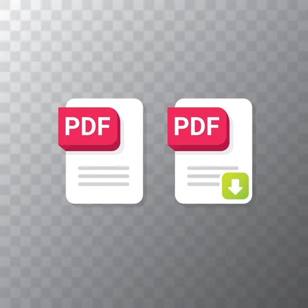 Vector flat PDF file icon e vector pdf download icon set isolato su sfondo trasparente. Modello di progettazione di documenti vettoriali o icone di presentazione per siti web — Vettoriale Stock