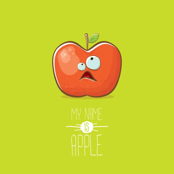 Vector funny cartoon cute red apple character isolated on green background. My name is apple vector concept. super funky fruit food character — Stock Vector