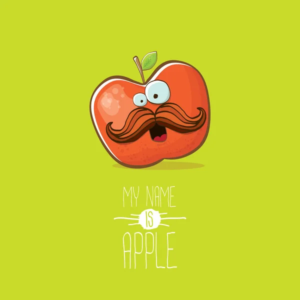 vector funny cartoon cute red apple character isolated on green background. My name is apple vector concept. super funky fruit food character