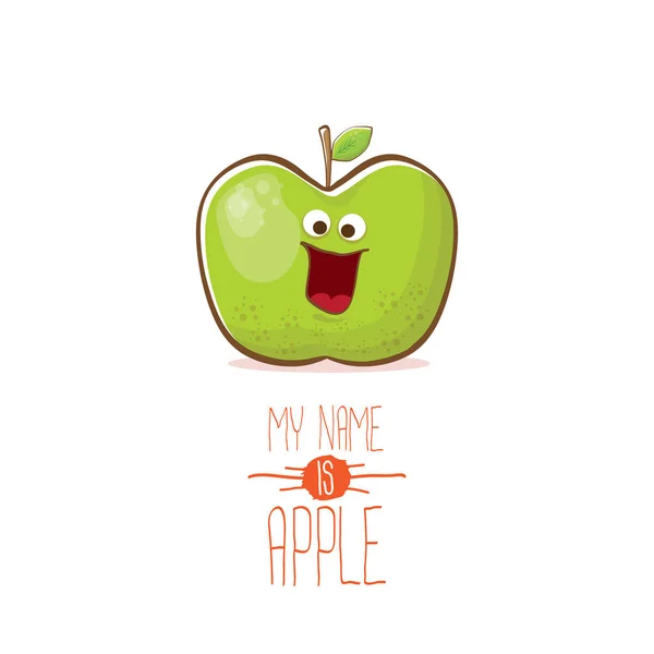 Vektor lustig Cartoon niedlichen grünen Apfel Charakter isoliert auf weißem Hintergrund. Mein Name ist Apfelvektorkonzept. super funky Fruchtfutter Charakter — Stockvektor