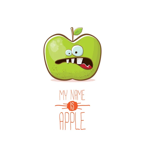 Vektor lustig Cartoon niedlichen grünen Apfel Charakter isoliert auf weißem Hintergrund. Mein Name ist Apfelvektorkonzept. super funky Fruchtfutter Charakter — Stockvektor