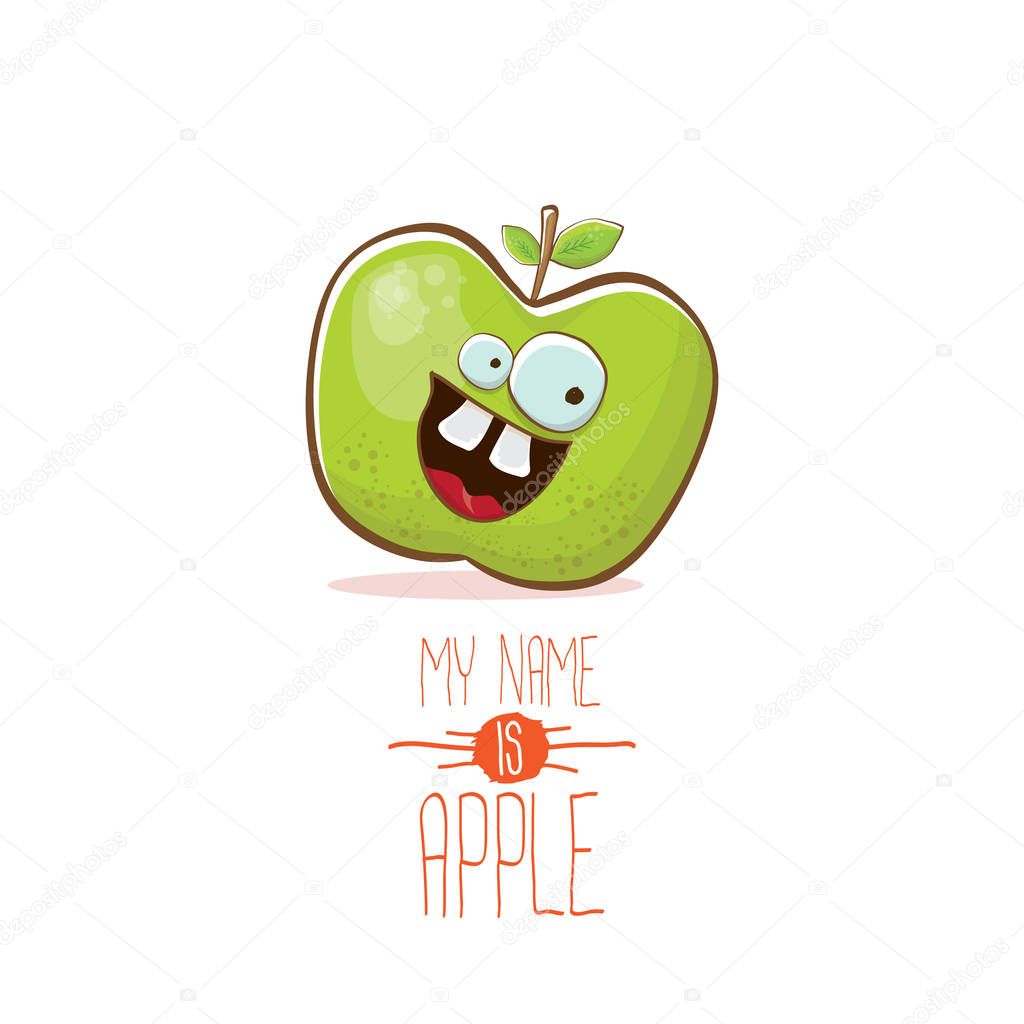 Vector funny cartoon cute green apple character isolated on white background. My name is apple vector concept. super funky vegetable summer food character