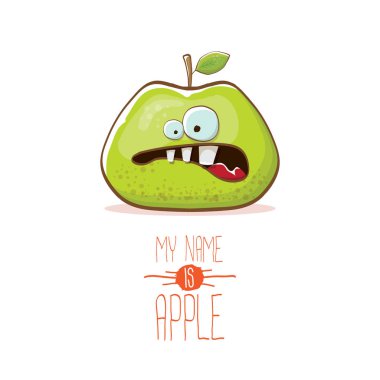 komik karikatür sevimli yeşil elma karakter beyaz arka plan üzerinde izole vektör. Benim adım elma vektör kavramdır. süper funky meyve gıda karakter