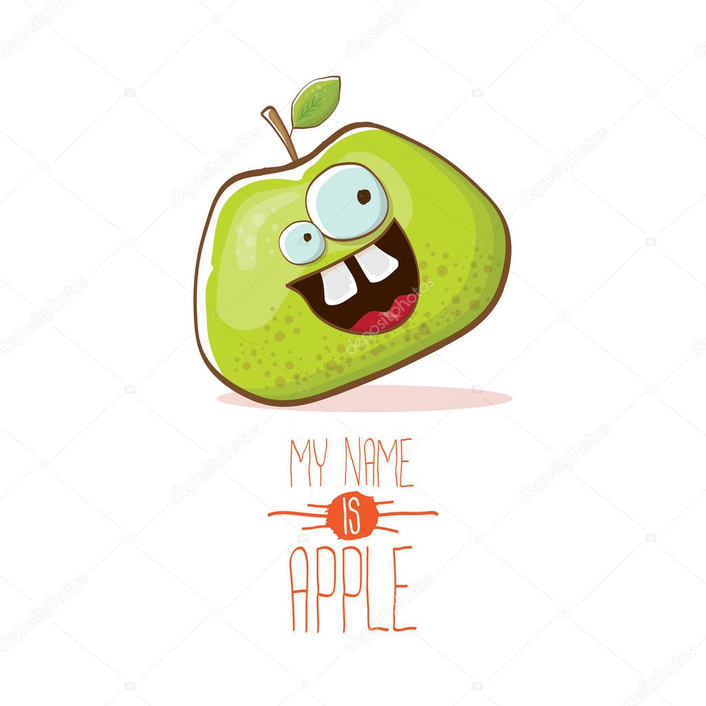 Vector funny cartoon cute green apple character isolated on white background. My name is apple vector concept. super funky vegetable summer food character