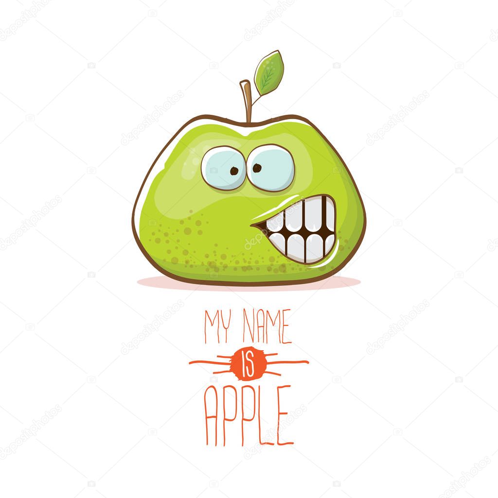 Vector funny cartoon cute green apple character isolated on white background. My name is apple vector concept. super funky vegetable summer food character
