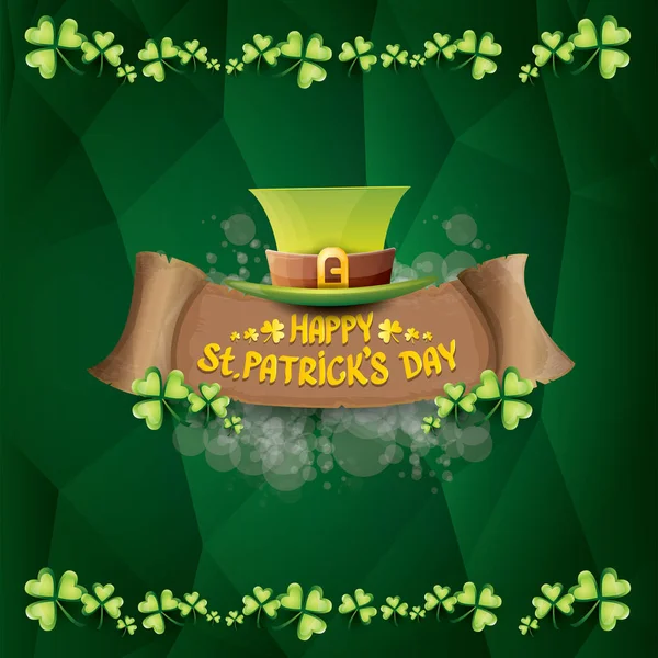 Vector happy saint patricks day label or poster with green hat, lucky clovers and vintage ribbon on abstract green background. vector saint patriks day banner — Stock Vector