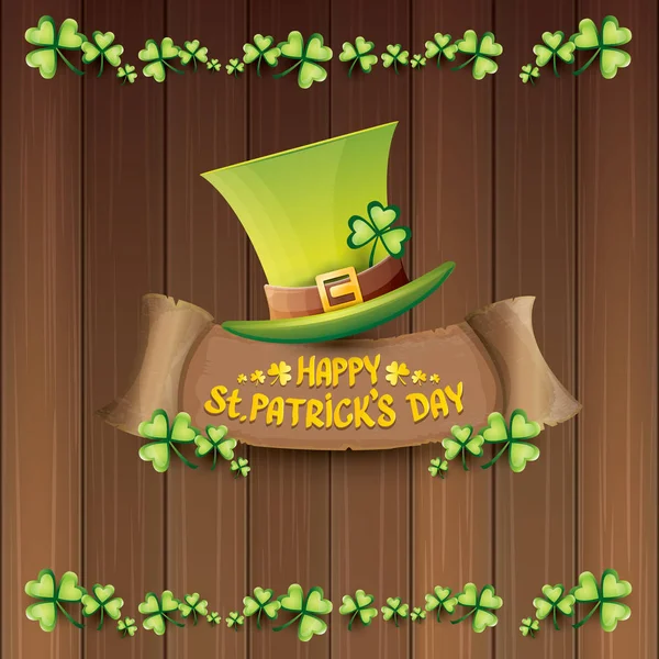 Vecteur heureux saint patricks étiquette de jour ou affiche avec chapeau vert, trèfles chanceux et ruban vintage sur fond plat en bois vintage abstrait. bannière de jour de patriks de saint vecteur — Image vectorielle