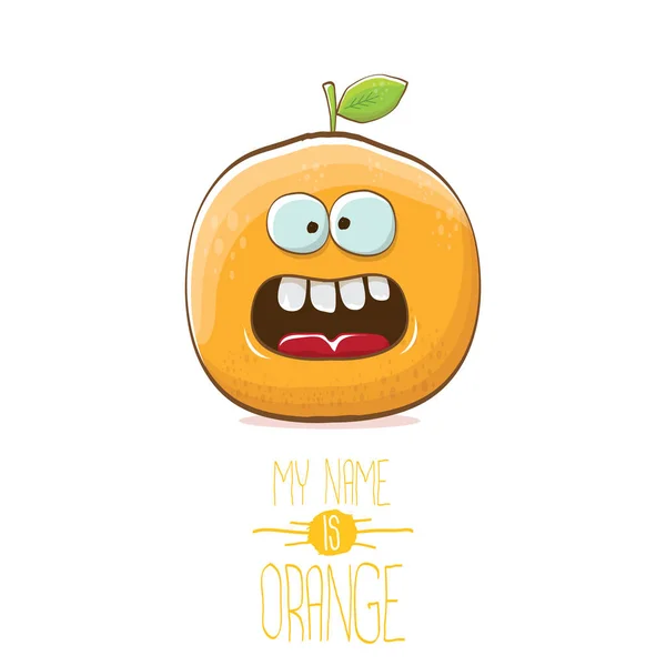 Vektor lustig Cartoon niedlichen orangen Charakter isoliert auf weißem Hintergrund. Mein Name ist Orange Vektor Konzept. Super funky Zitrusfrüchte Sommer Essen Charakter — Stockvektor