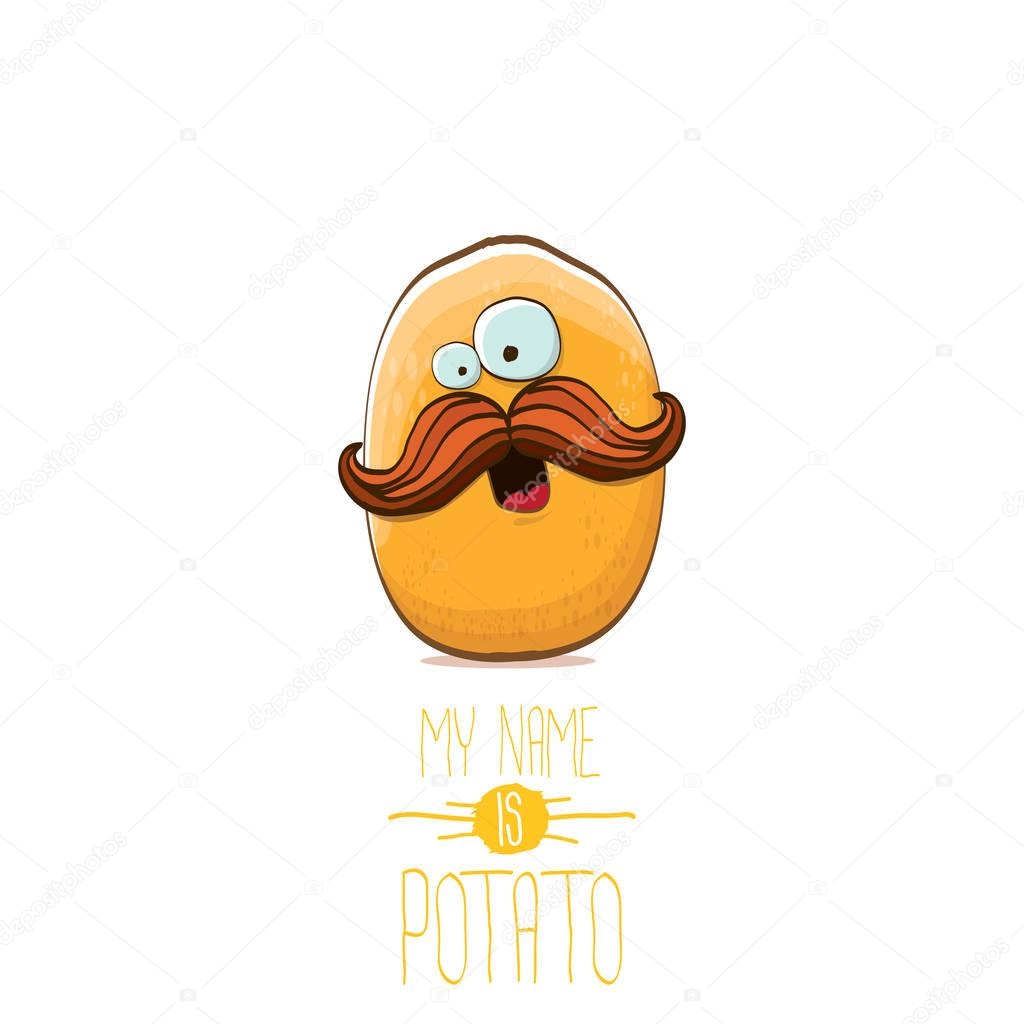 Vector funny cartoon cute tiny potato character isolated on white background. My name is potato vector concept illustration. funky summer vegetable food character