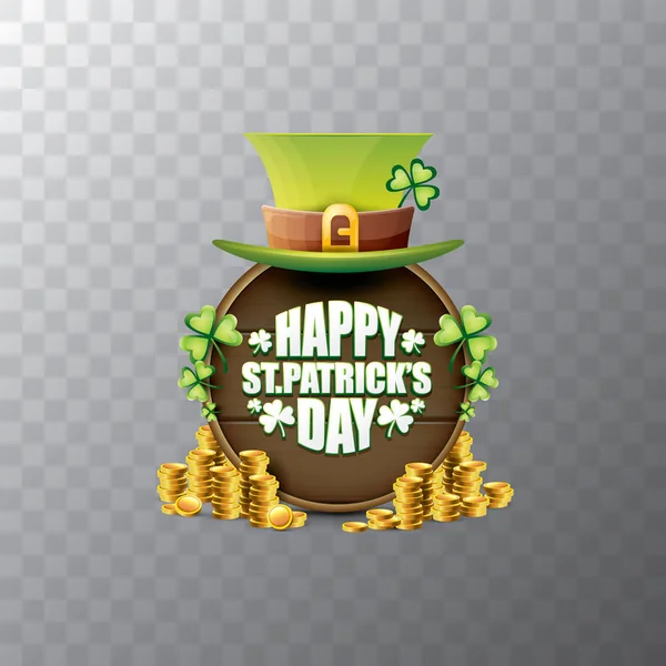 Vector feliz santo patricks etiqueta del día o cartel con sombrero verde, tréboles de la suerte y tablero de madera vintage aislado sobre fondo transparente. vector patricks banner día — Vector de stock