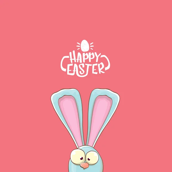 Пасхальный кролик с каллиграфическим текстом счастливой пасхи изолирован на розовом фоне. Векторная пасхальная открытка с голубыми кроличьими ушами — стоковый вектор