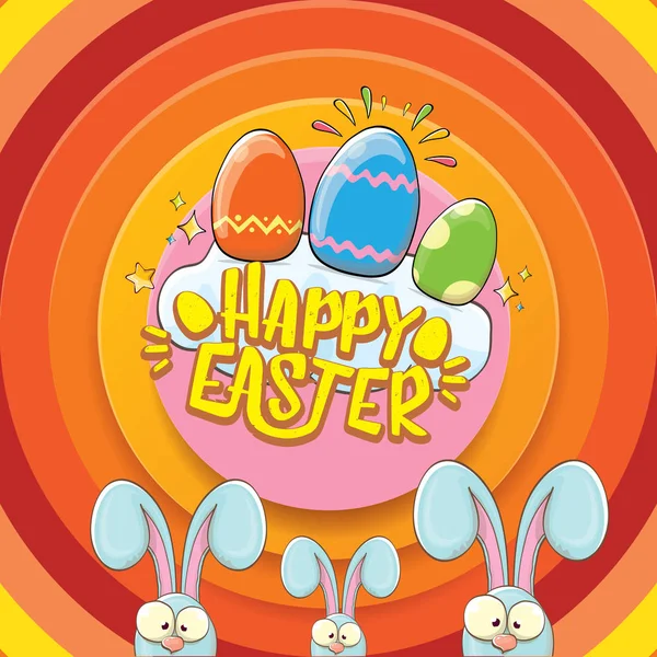 Happy velikonoční blahopřání s bunny, kaligrafické text, mraky, duha a barevné velikonoční vajíčka. vektorové velikonoční děti kreslený plakát — Stockový vektor