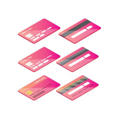 izometrik kredi kartı simgesi üzerinde izole beyaz arka plan ayarlayın. vektör çizim. Dünya çapında online ödeme simgeler
