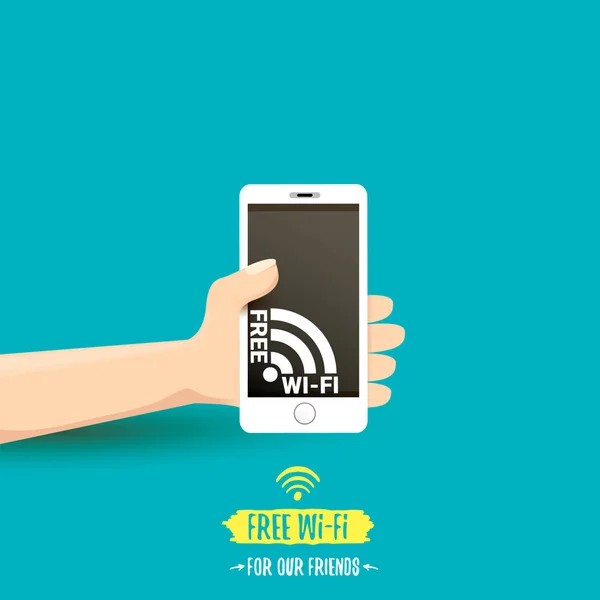 Kezében fehér szúró telefon, ingyenes wi-fi jel a érint képernyő elszigetelt azúrkék alapon. Vektor lapos stílusú design telefon képernyő és emberi kéz. Ingyenes wi-fi-koncepció — Stock Vector